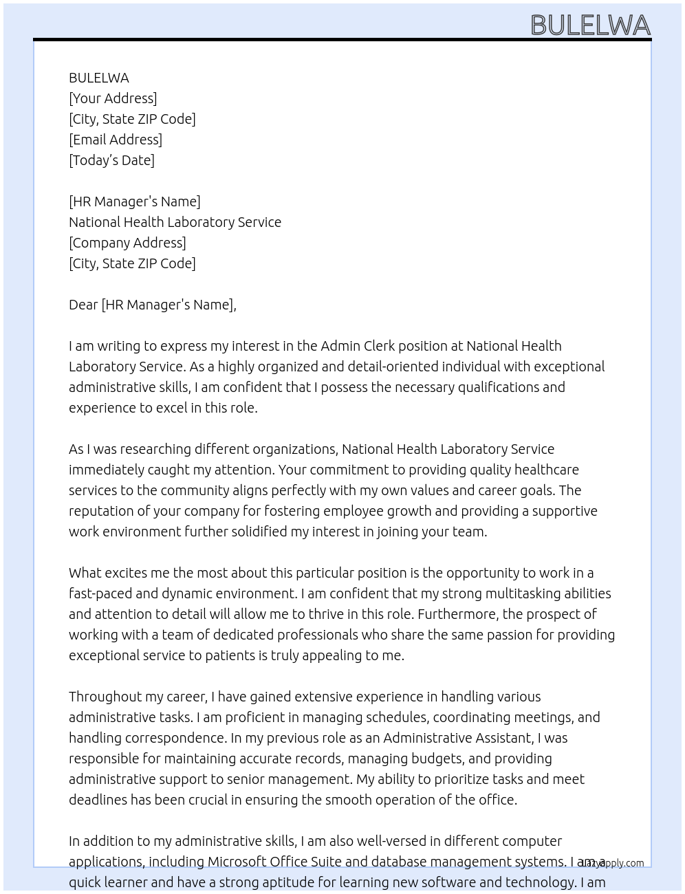 Admin clerk At National Health Laboratory Service Cover Letter