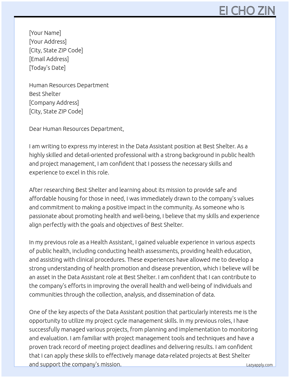 data assistant At Best Shelter Cover Letter