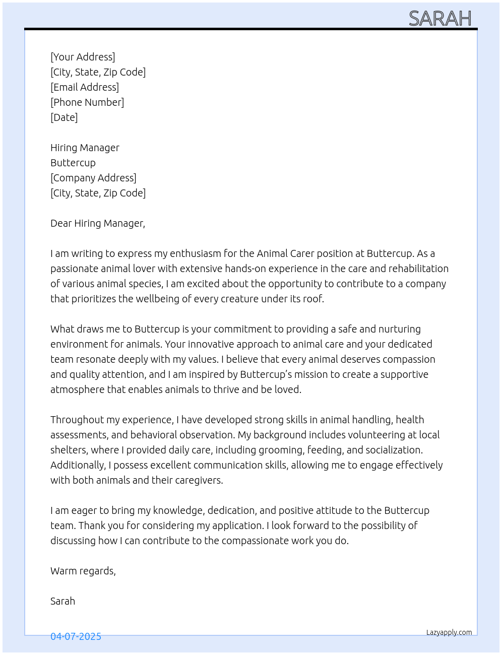 Animal carer At buttercup Cover Letter