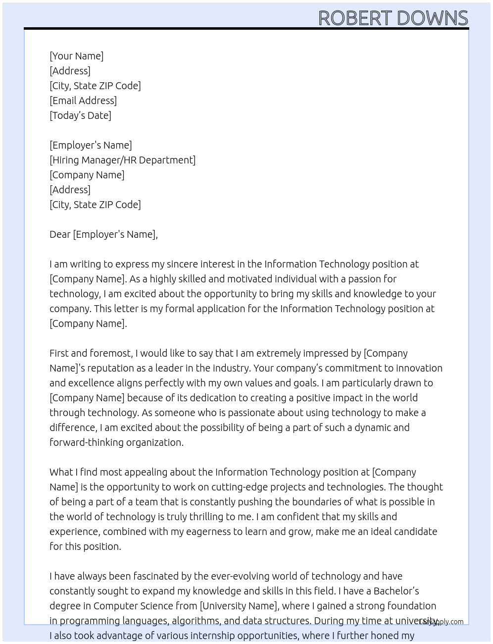 Information Technology At Internship Cover Letter