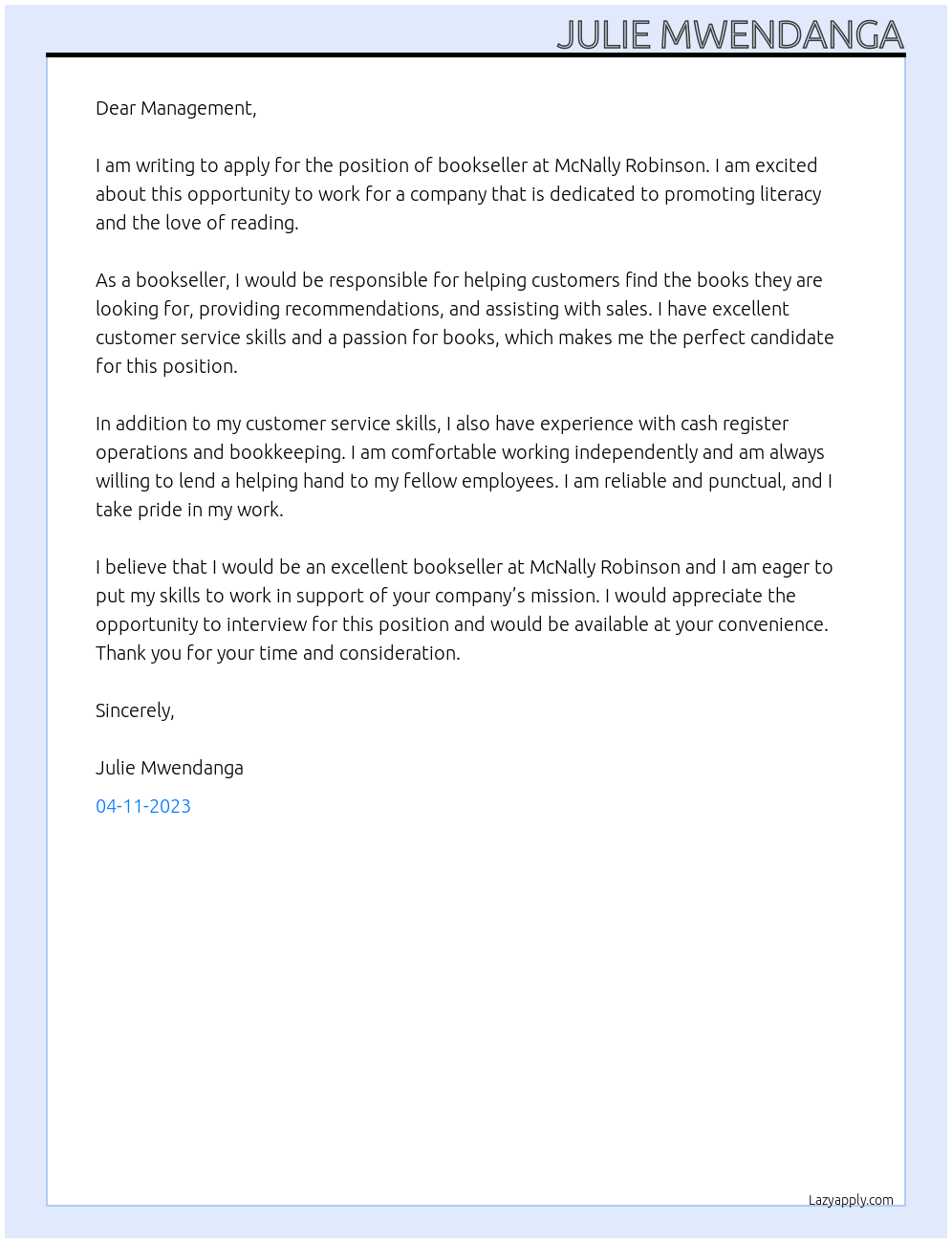 bookseller At McNally Robinson Cover Letter