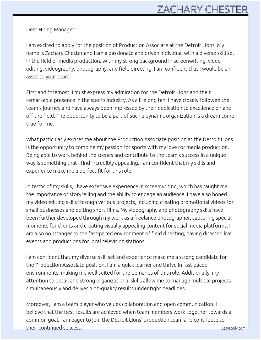 Production Associate At Detroit Lions Cover Letter