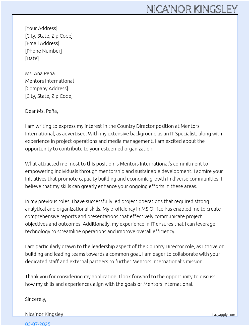 Country Director At Mentors International Cover Letter