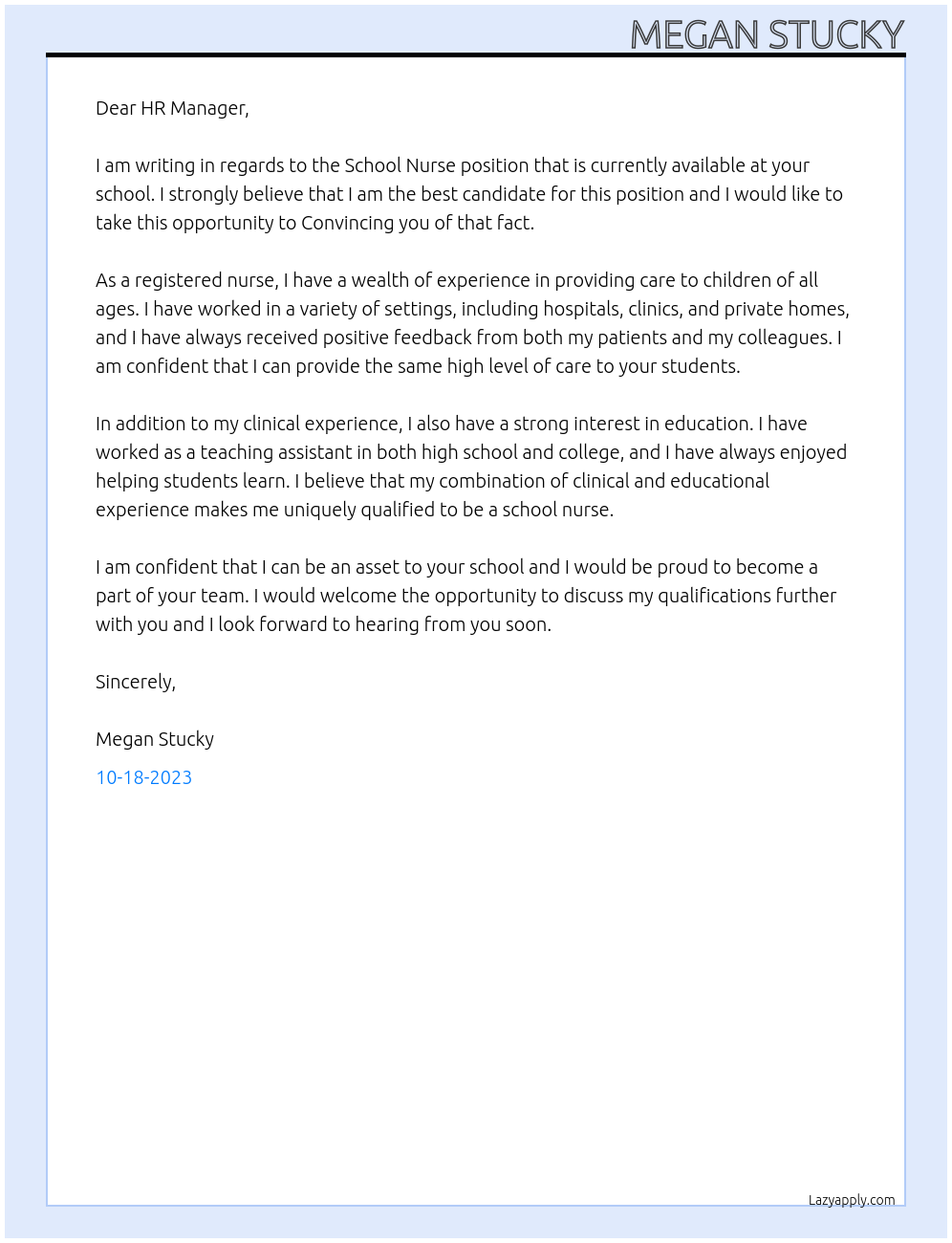 School Nurse At School Cover Letter