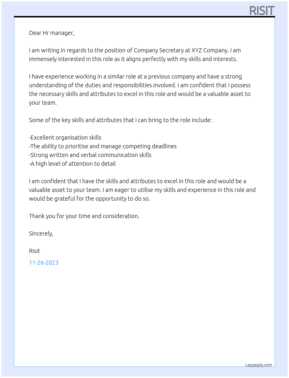 COMPANY SECRETARY At XYZ COMPANY Cover Letter