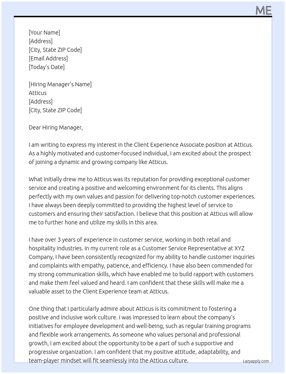 Client Experience Associate At Atticus  Cover Letter