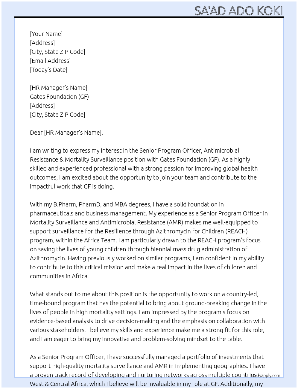 Cover letter for senior program officer, antimicrobial resistance & mortality surveillance - LazyApply