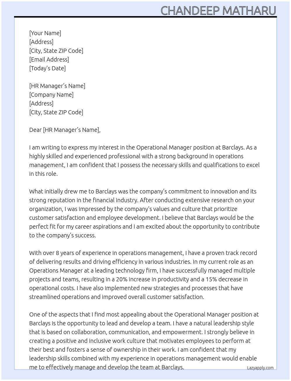 Operational manager At barclays Cover Letter