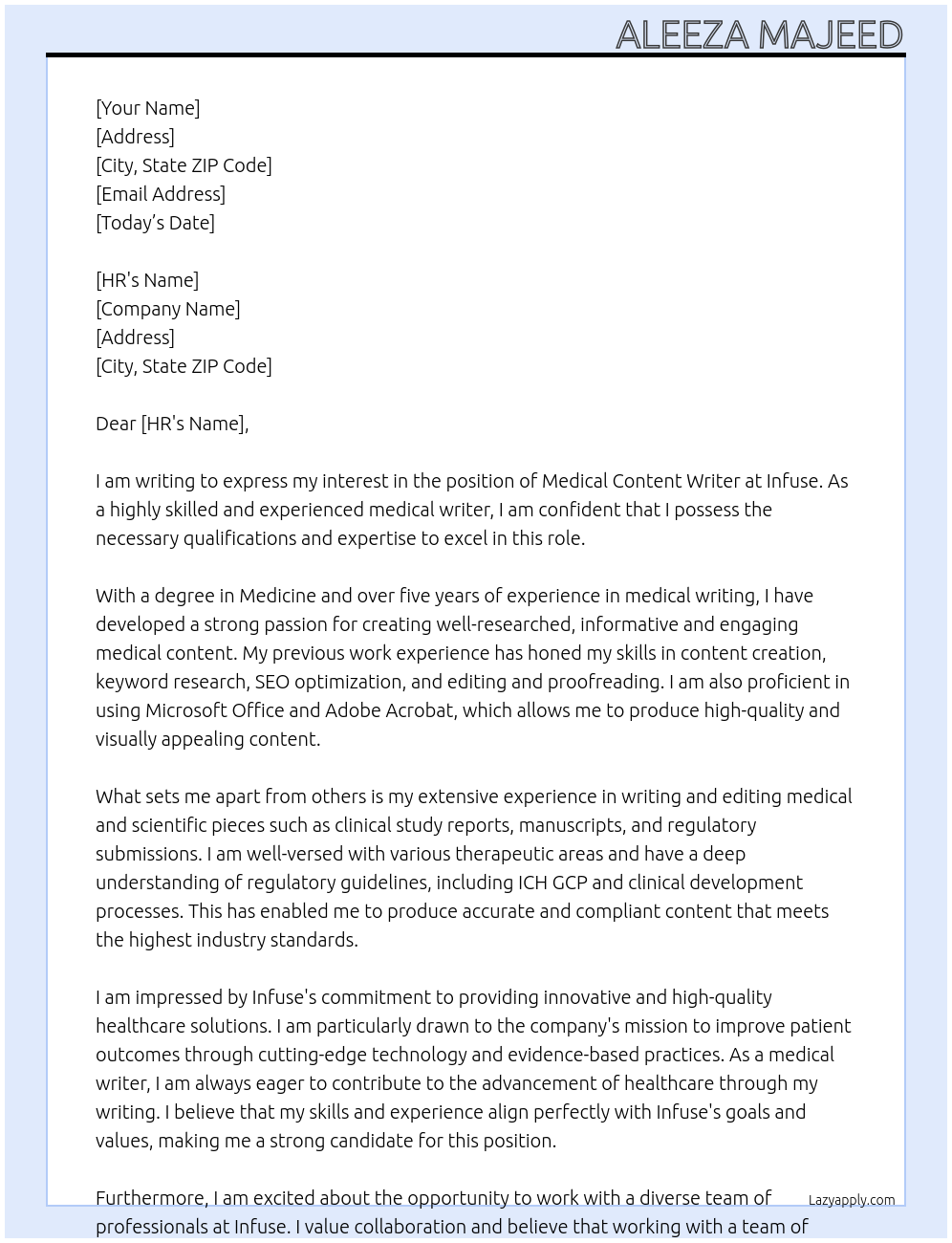 medical content writer At infuse Cover Letter