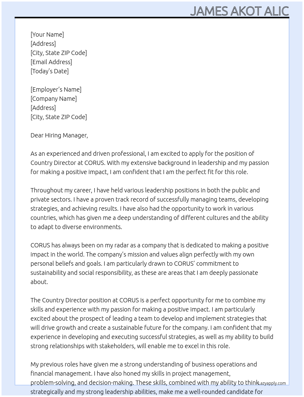 Country Director At CORUS Cover Letter