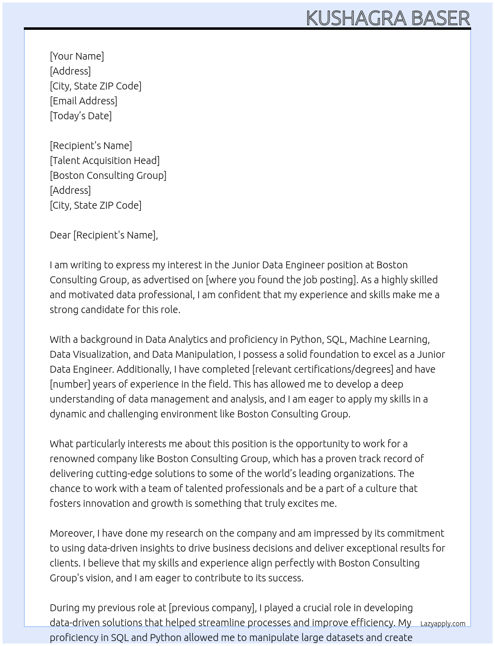Junior Data Engineer At Boston Consulting Group Cover Letter