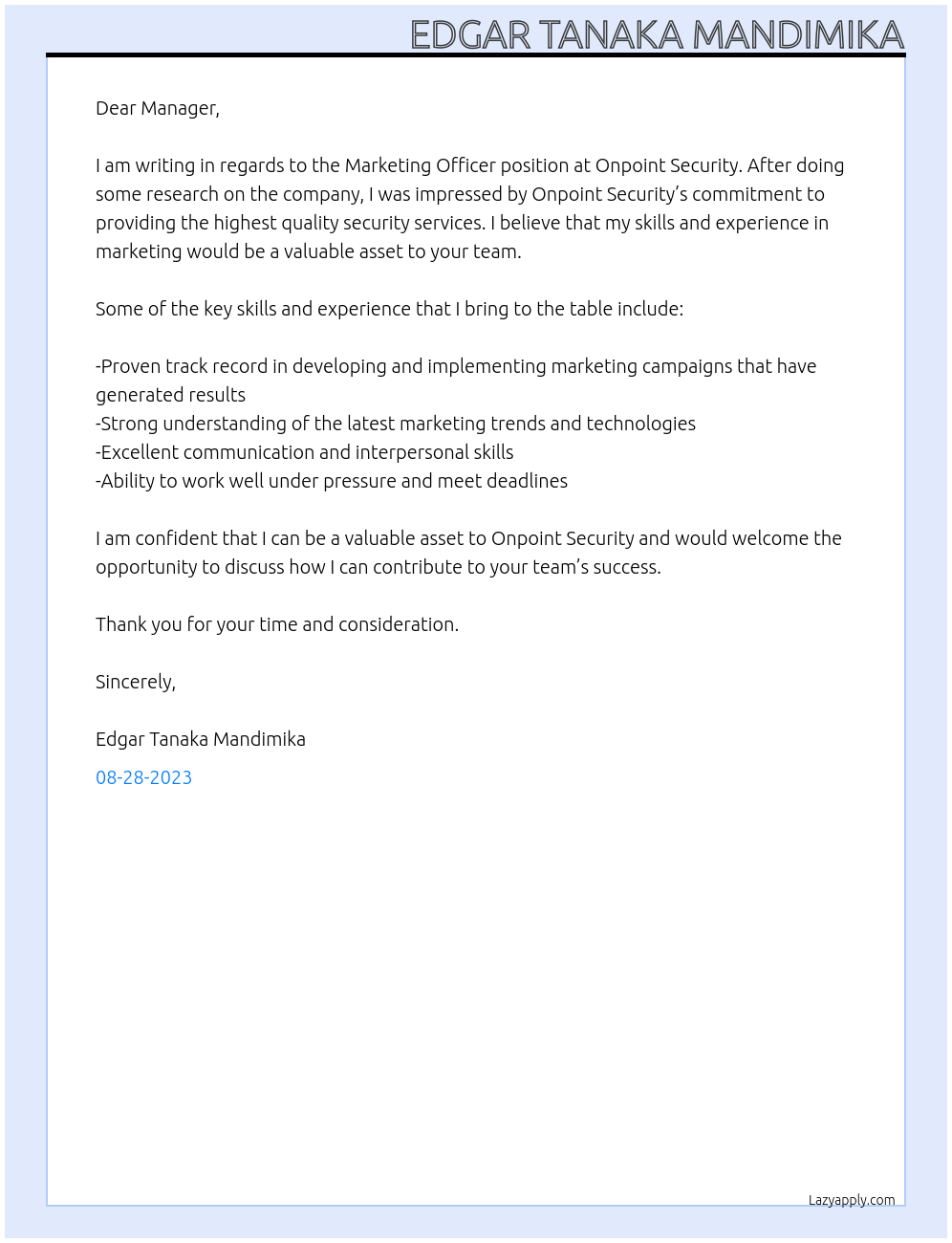 Marketing Officer At Onpoint Security Cover Letter