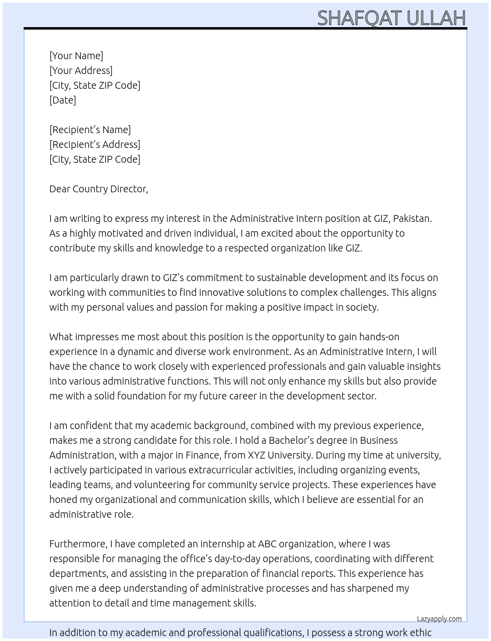 Administrative Intern At GIZ,Pakistan Cover Letter