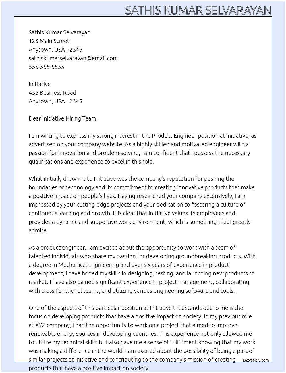Product engineer At Initiative Cover Letter