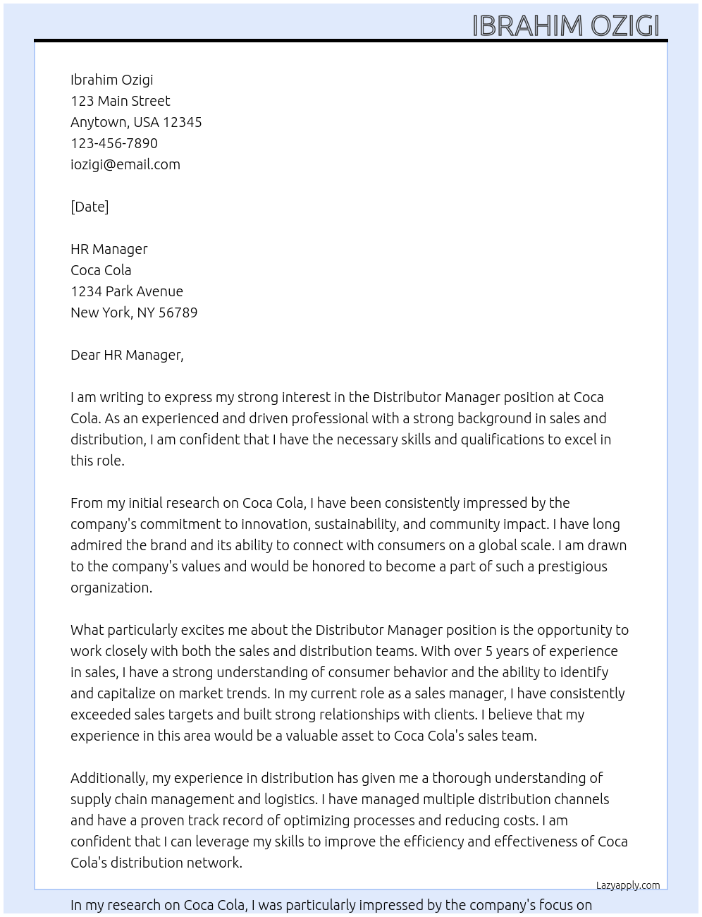 Distributor Manager  At Coca cola  Cover Letter