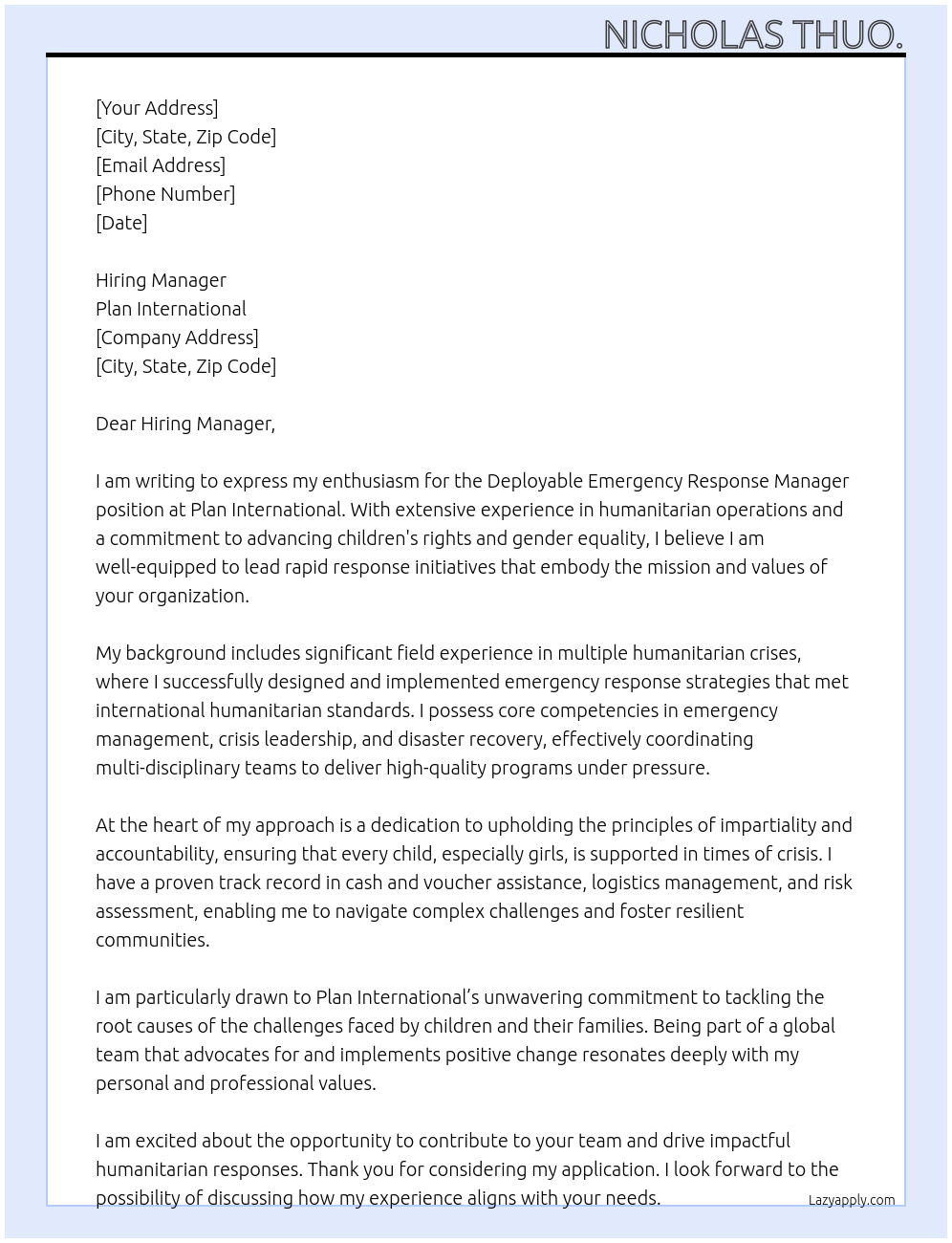 Deployable Emergency Response Manager At Plan International Cover Letter