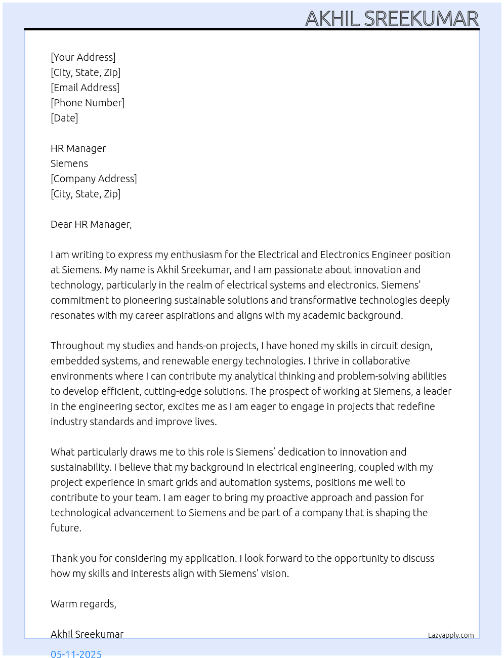 Electrical and electronics engineer  At Siemens  Cover Letter