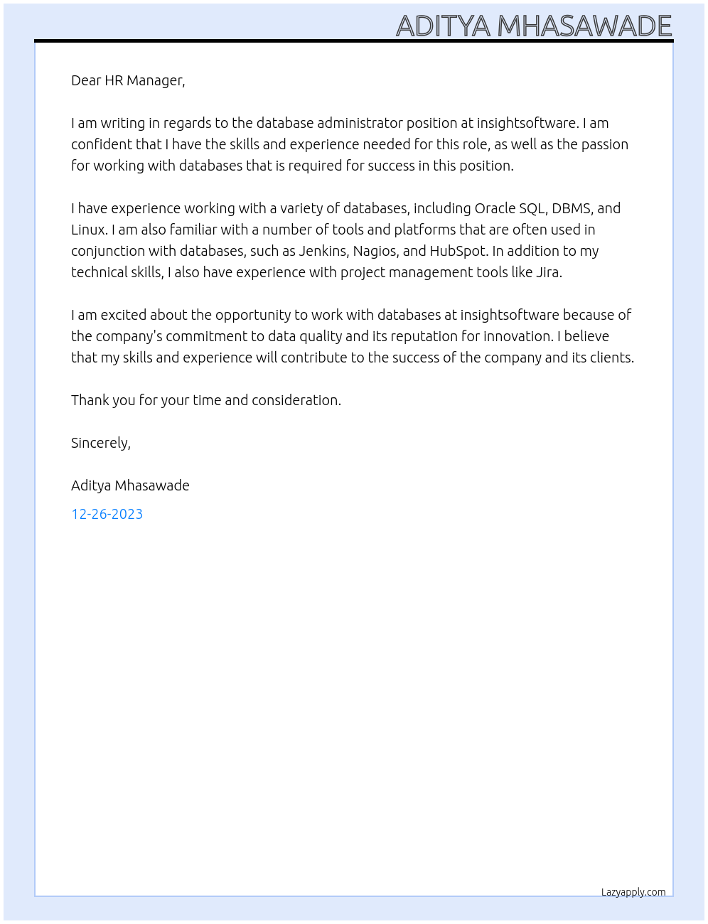 Database Administrator At insightsoftware Cover Letter