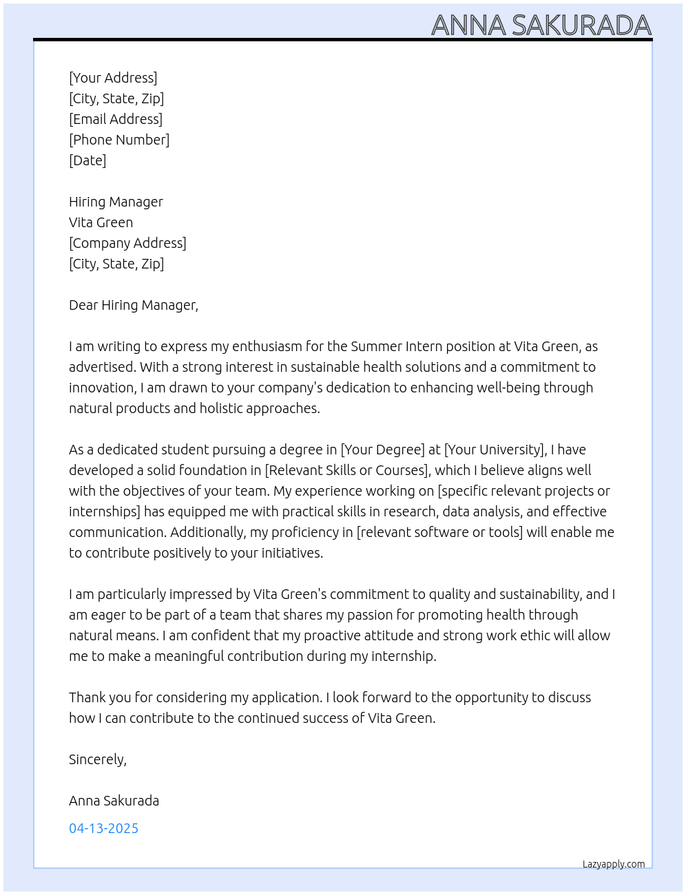 Summer Intern  At Vita Green  Cover Letter