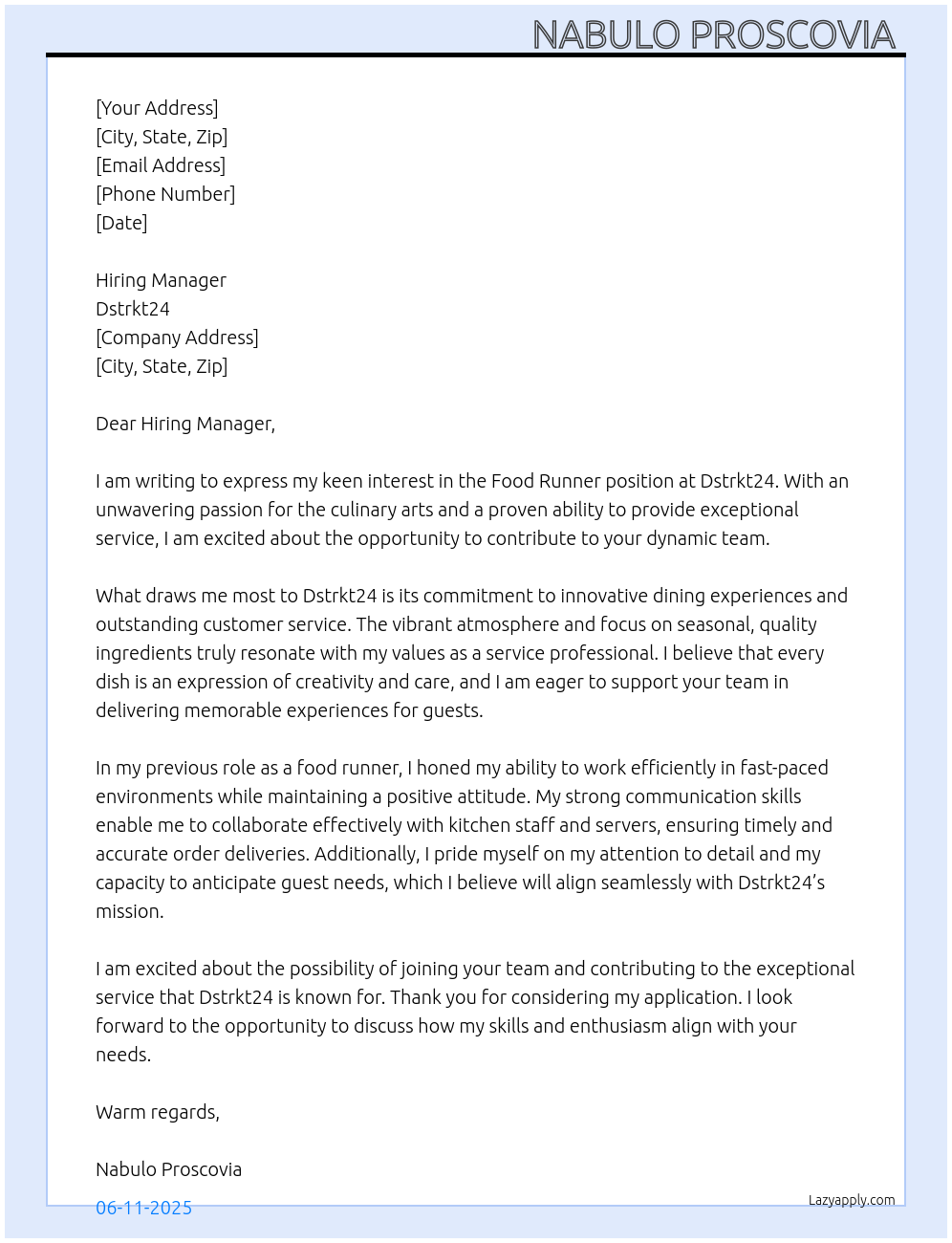 Cover letter for food runner - LazyApply