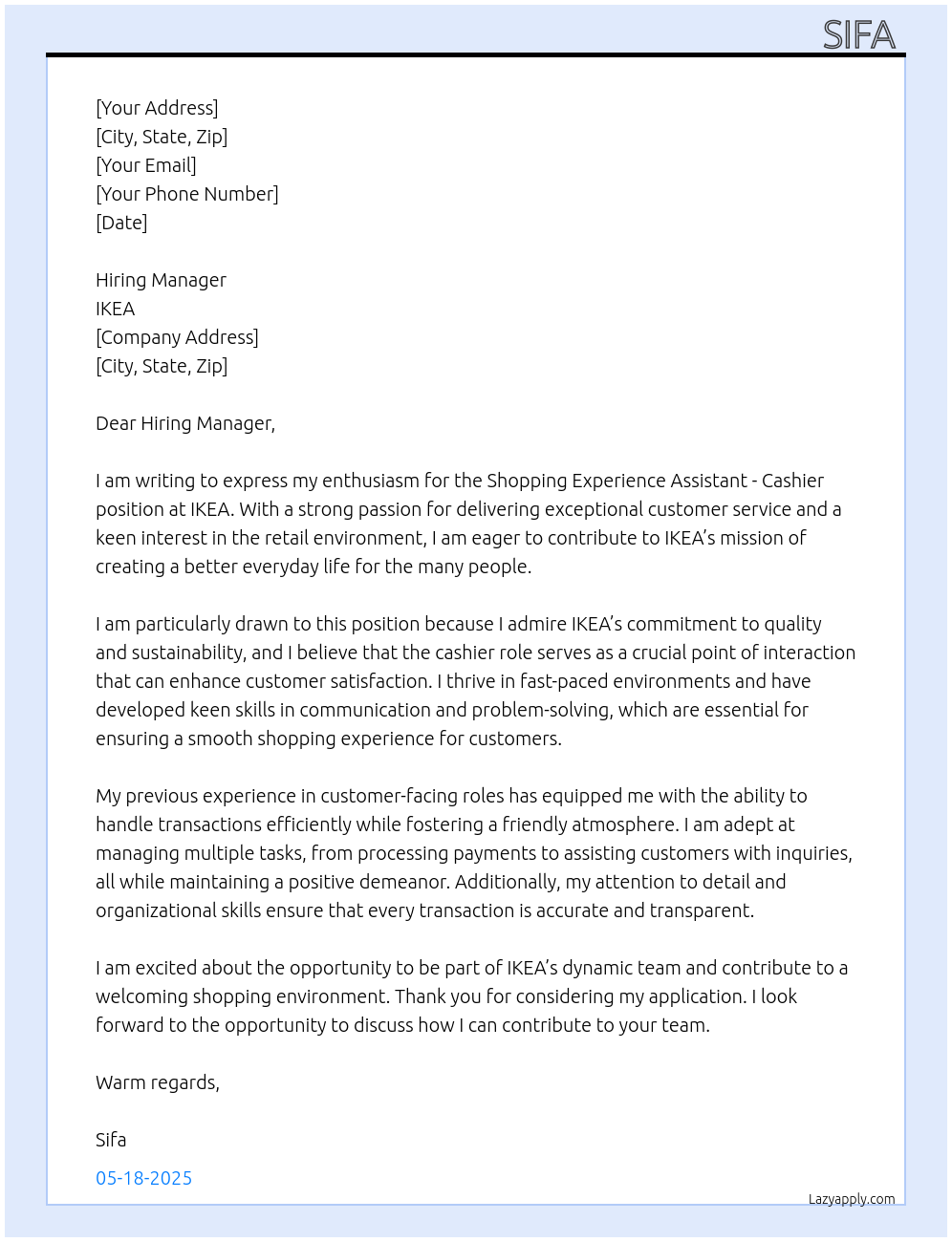 Shopping Experience Assistant - Cashier At IKEA Cover Letter