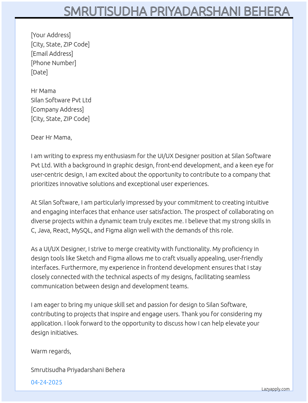 UI/UX Designer At Silan Software pvt ltd Cover Letter