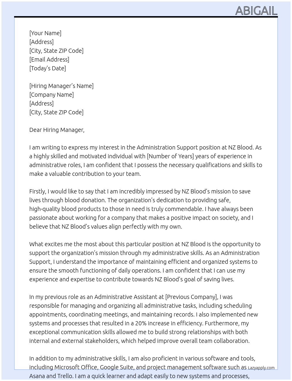 Administration Support At NZ Blood Cover Letter