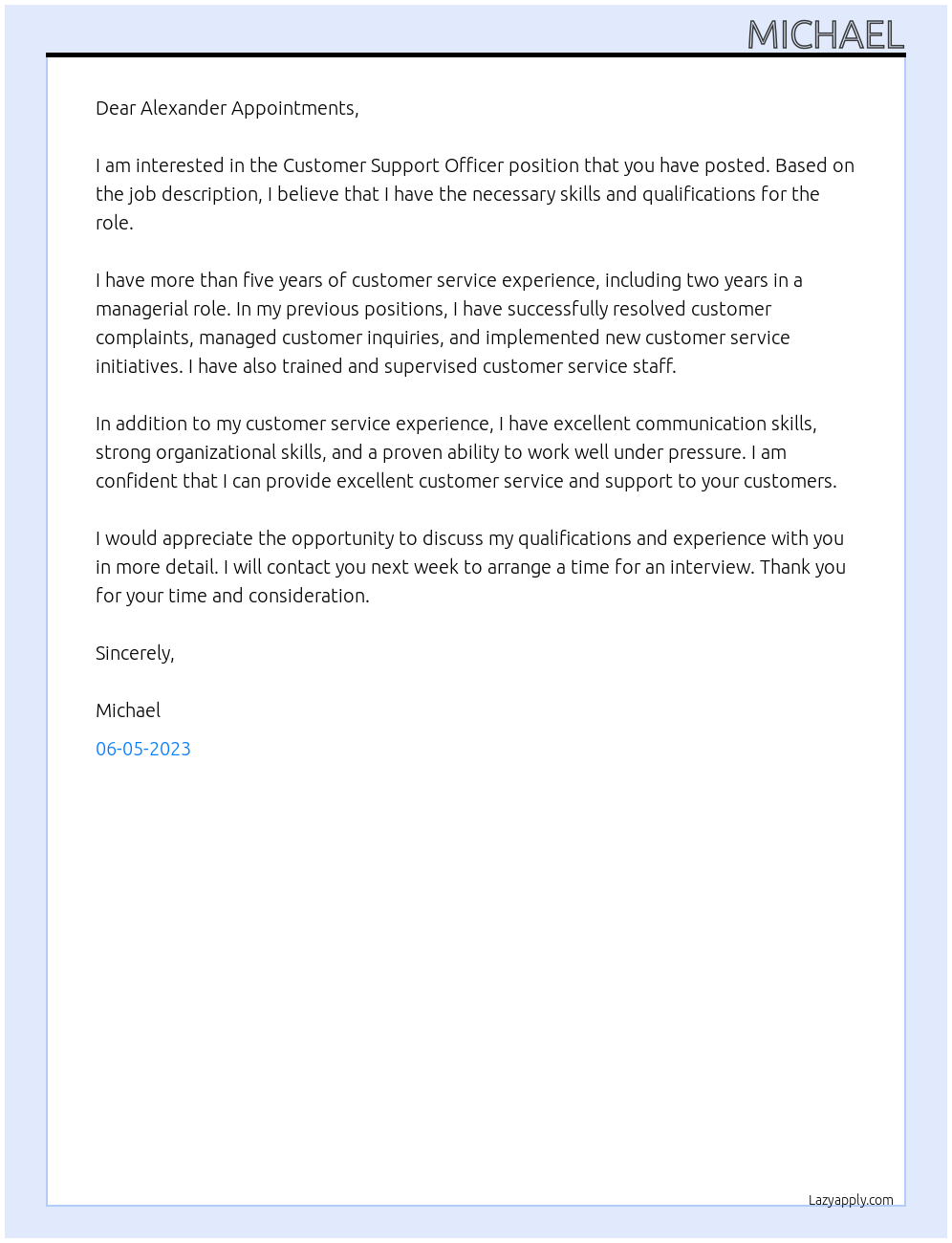 Customer Support Officer At Alexander Appointments Cover Letter