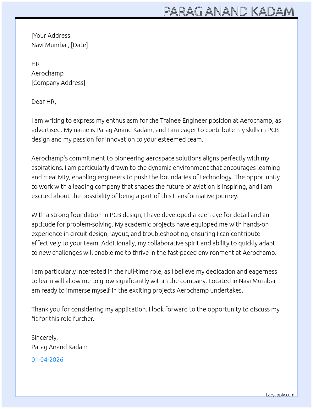 Trainee engineer At Aerochamp Cover Letter