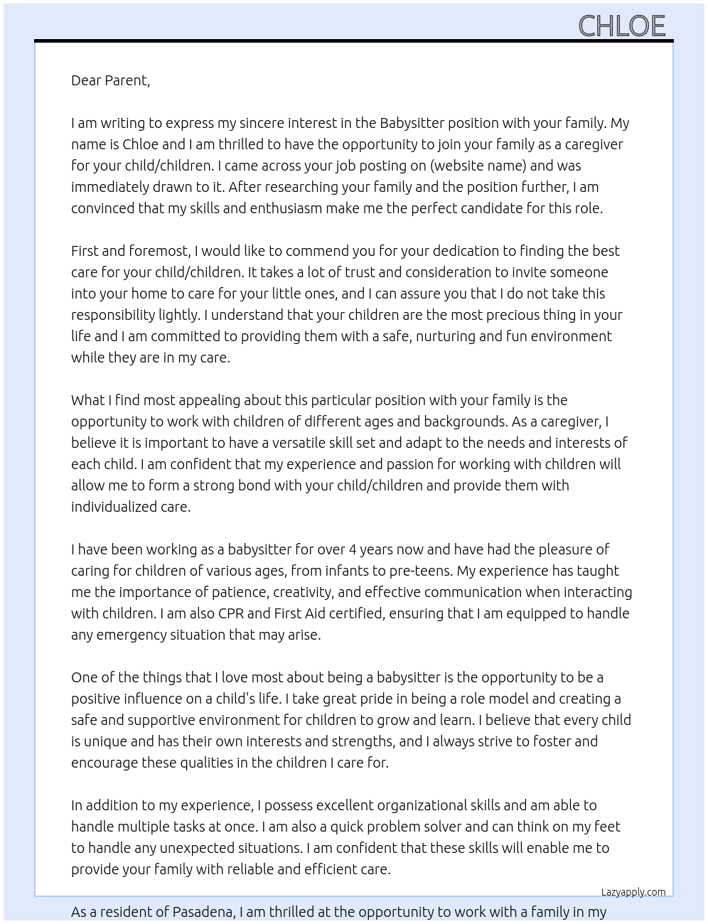 Babysitter At your family Cover Letter