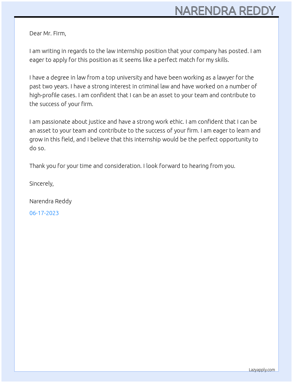 Law internship At Firms Cover Letter