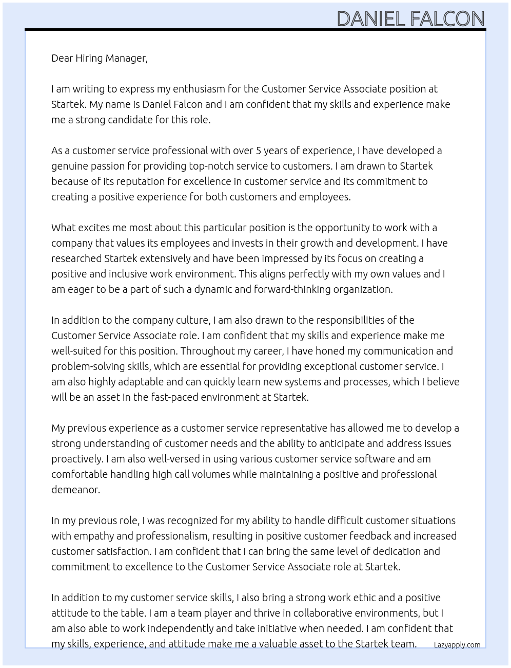 Customer Service Associate At Startek Cover Letter