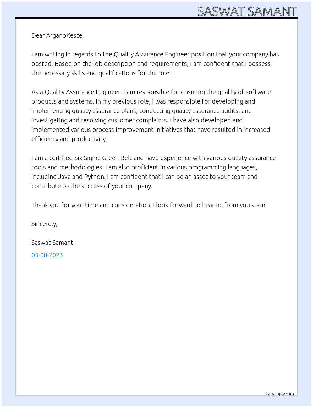 Quality Assurance Engineer At ArganoKeste Cover Letter