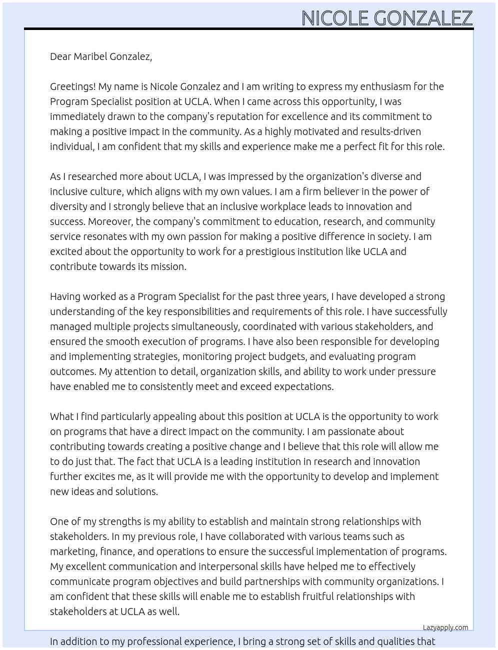 Program specialist At Ucla Cover Letter