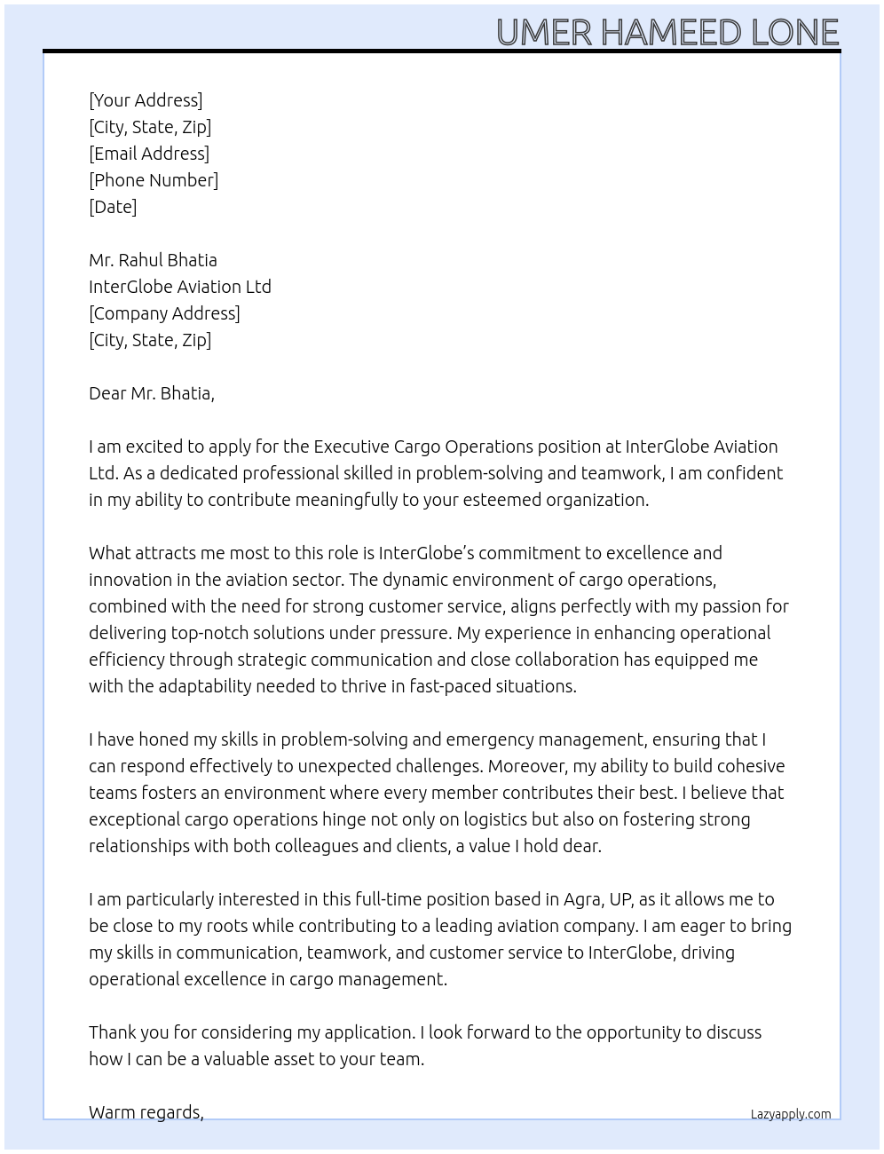 Executive cargo operations At InterGlobe Aviation Ltd Cover Letter
