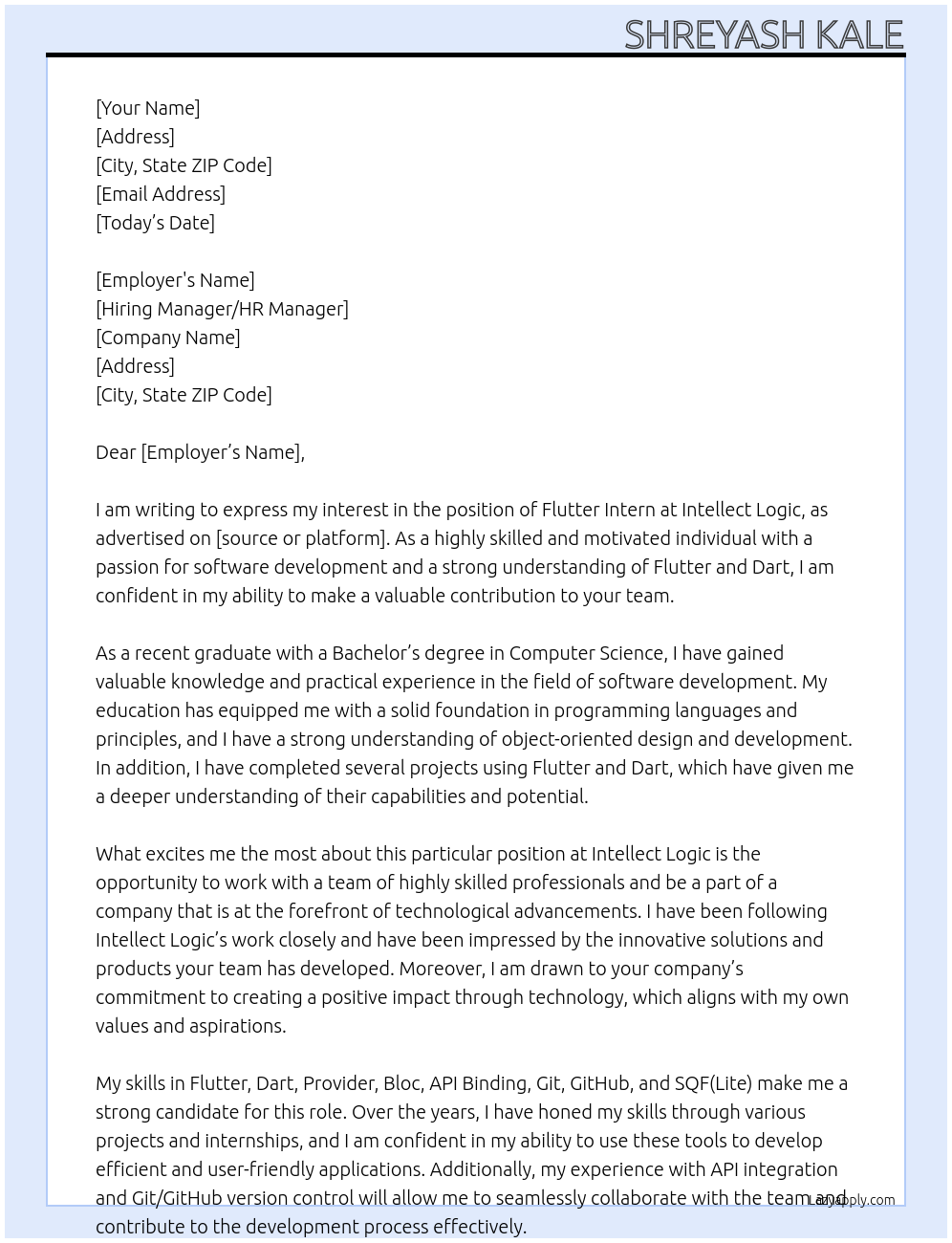 Flutter Intern At Intellect Logic Cover Letter