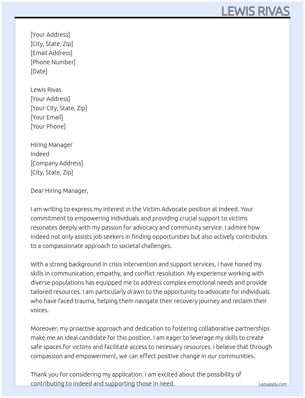 Victim Advocate At Indeed Cover Letter