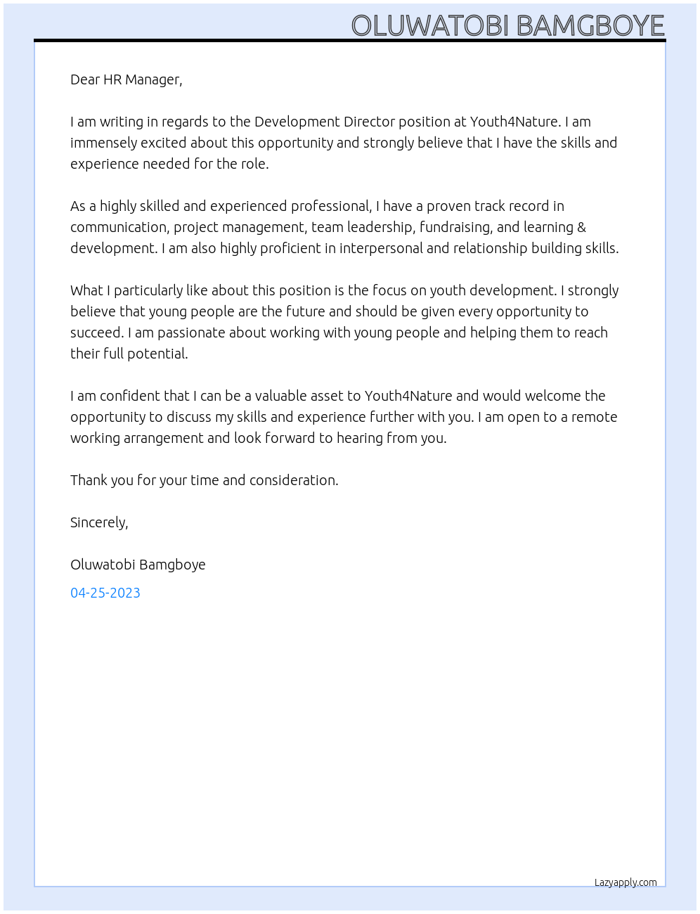 Development Director At Youth4Nature Cover Letter