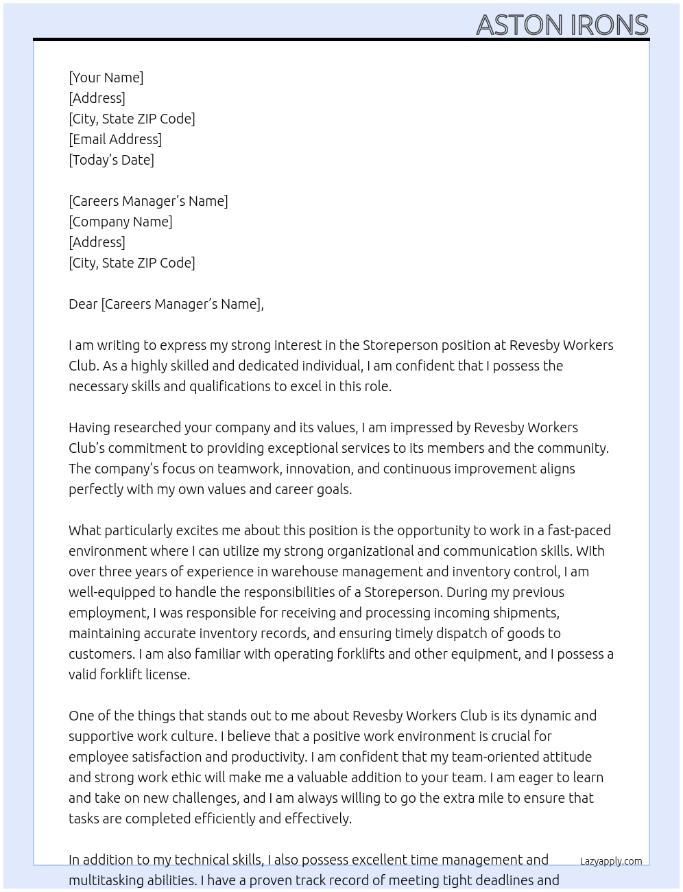 Storeperson At Revesby Workers Club Cover Letter
