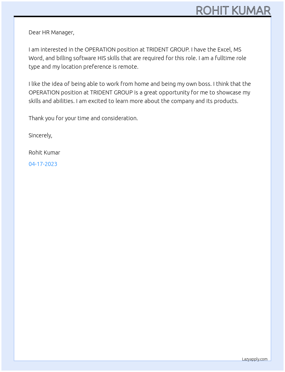 OPERATION At TRIDENT GROUP Cover Letter