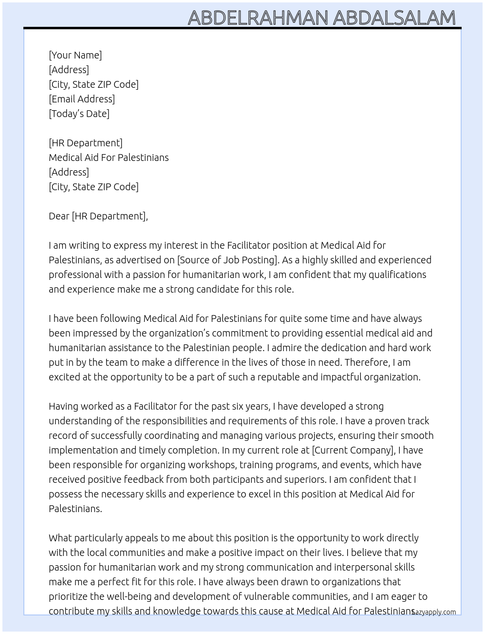 Facilitator  At Medical Aid For Palestinians Cover Letter