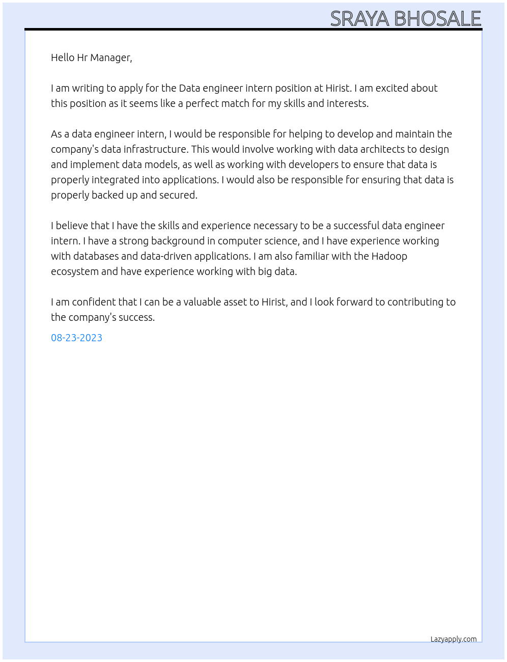 Data engineer intern At Hirist Cover Letter