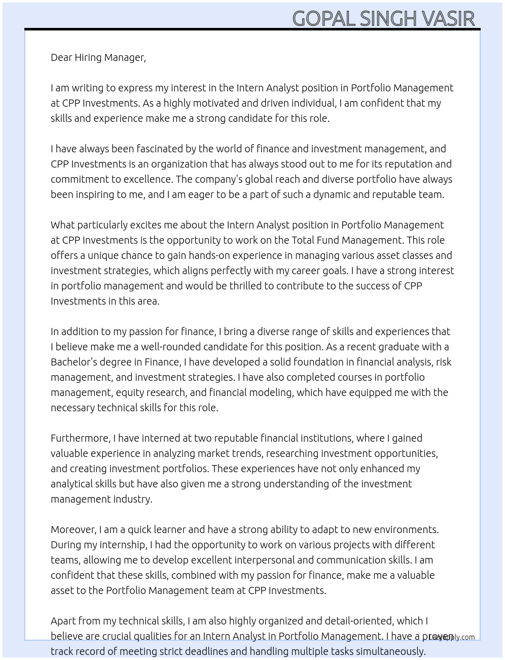 Intern Analyst, Portfolio Management - Total Fund Management  At CPP Investments  Cover Letter