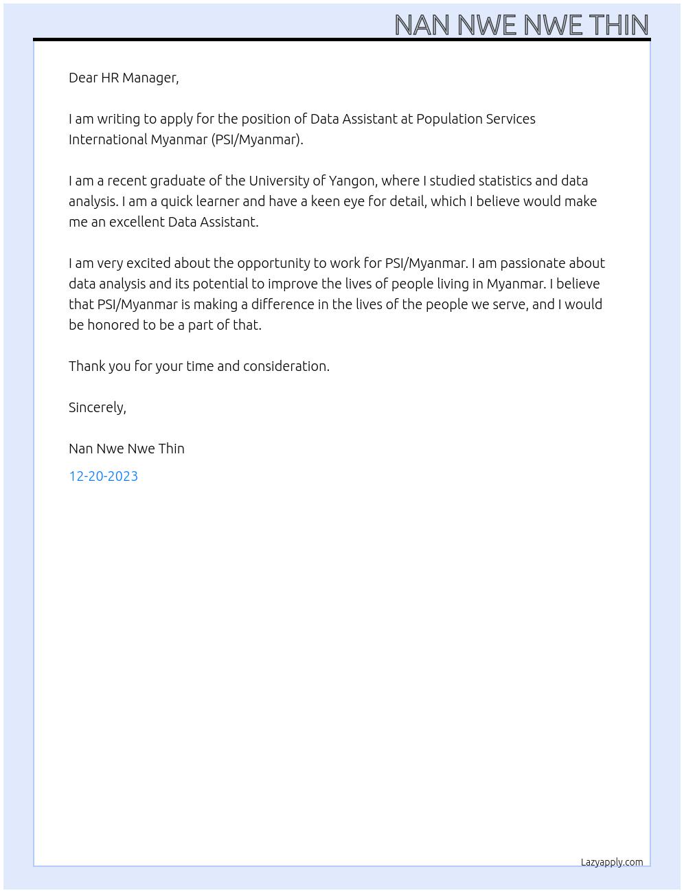 Data Assistant At Population Services International Myanmar (PSI/Myanmar) Cover Letter