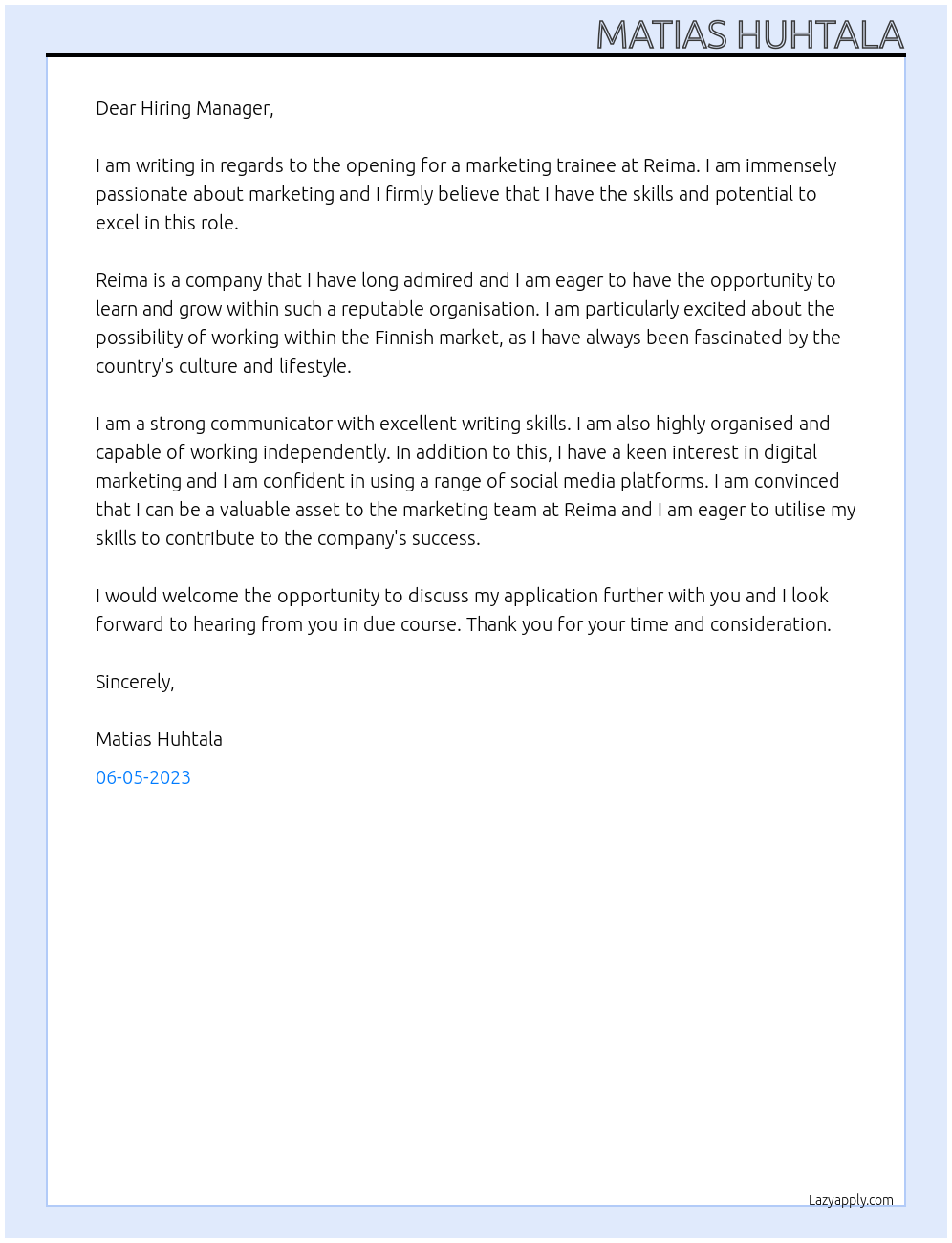 marketing trainee At Reima Cover Letter