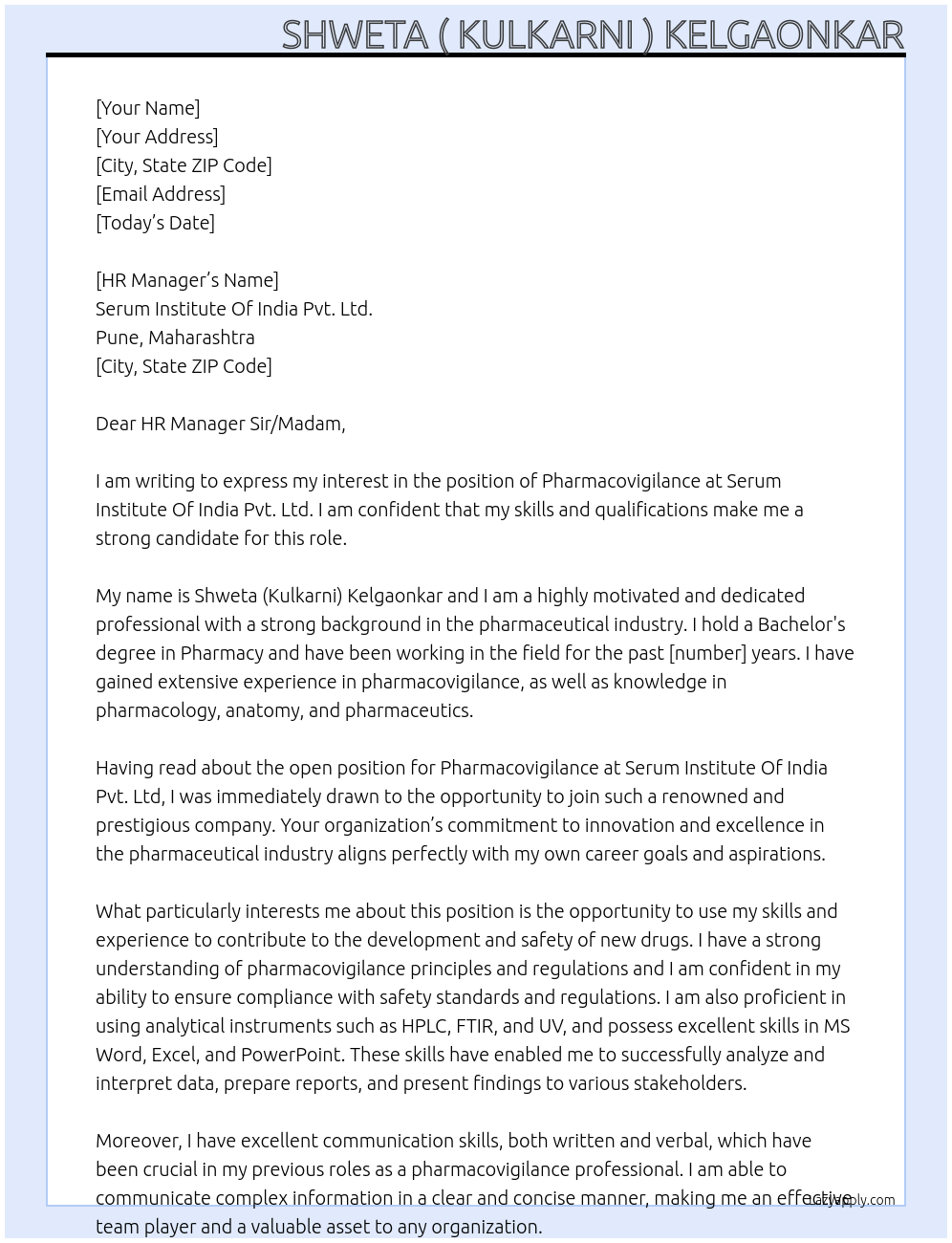 Pharmacovigilance At Serum Institute Of India Pvt. Ltd, Pune Maharashtra Cover Letter