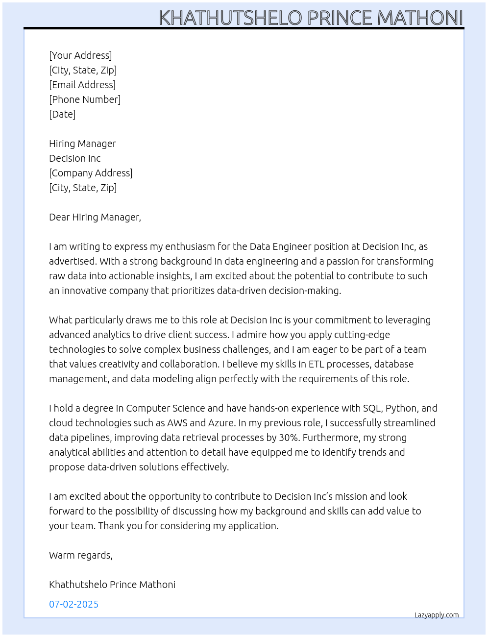 Data Engineer At Decision Inc Cover Letter