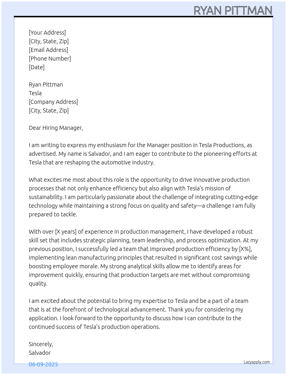 manager for tesla production At tesla Cover Letter
