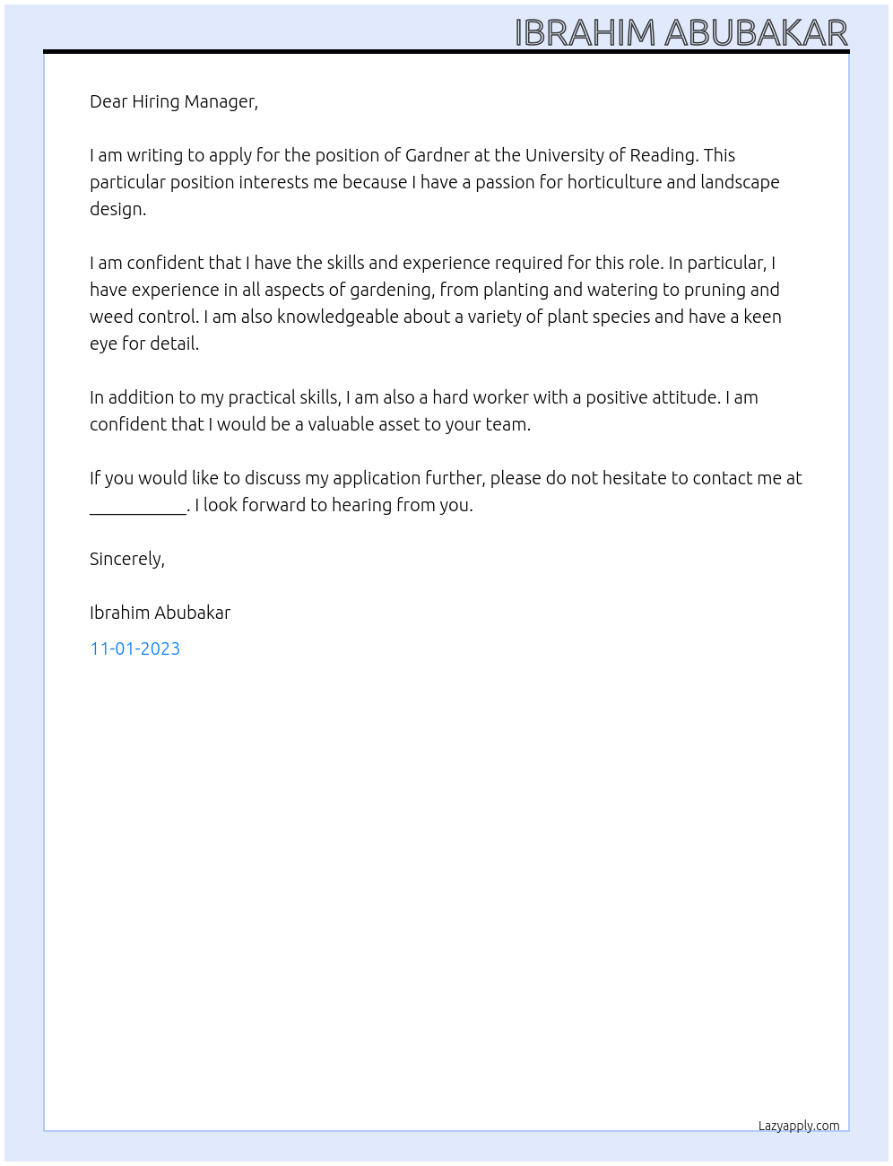 Gardner  At University of Reading  Cover Letter