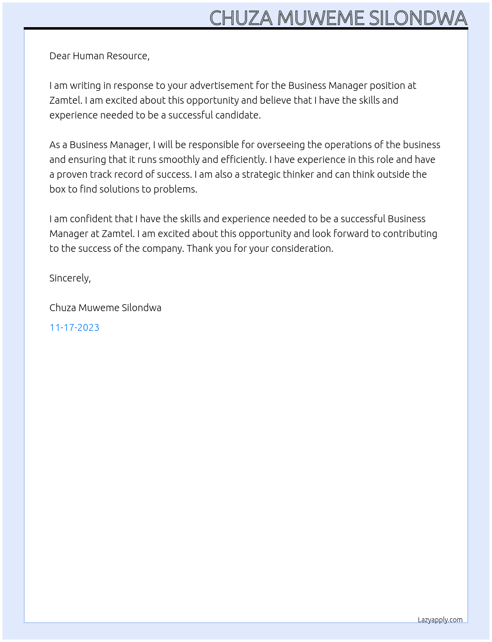 BUSINESS MANAGER At Zamtel Cover Letter